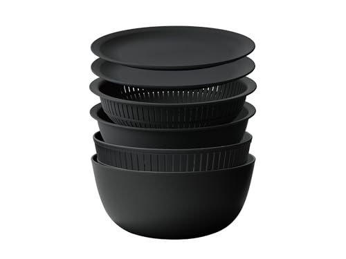 ライクイット (like-it) ざる ボウル 電子レンジ対応 Colander&Bowl 米とぎにも使える ザルとボール ブラック 6点セット 日本製 水切り 湯切り可能 耐熱ボウル ライクイット ざる ボウル 電子レンジ対応 実物画像・外観写真