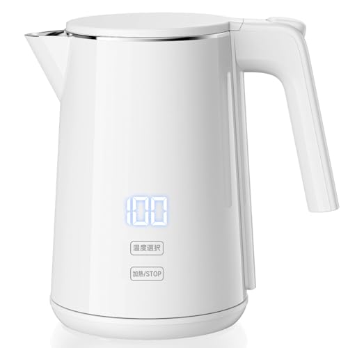 SSYFEI 電気ケトル 1.0L【1000W急速沸騰・デジタル温度表示】7段階温度調節 4時間保温 触れても熱くない二重構造 304ステンレス製 メモリー機能 空焚き防止 小型 お手入れ簡単 コーヒー・お茶・ミルクに最適 電気ポット ホワイト SSYFEI 電気ケトル 1.0L 実物画像・外観写真