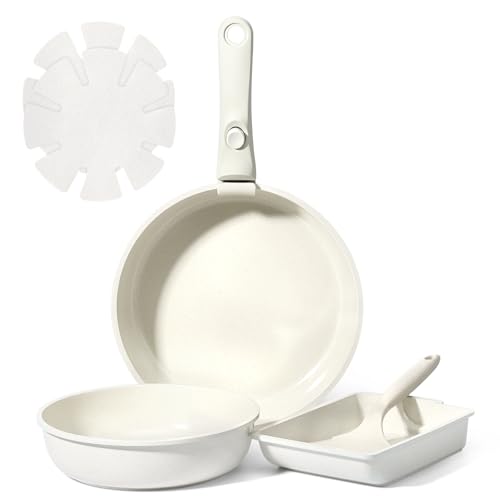 GiPP セラミックコーティング フライパン セット 7点 IH・ガス火対応 フッ素不使用 体に害のない くっつきにくい 鍋セット 取っ手が取れる 卵焼きフライパン 軽量 お手入れ簡単 食洗機対応 オーブン対応 PTFE PFOA PFOS フリー 【一年保証】ホワイト GiPP セラミックコーティング フライパン セット 選び方 実物画像・外観写真