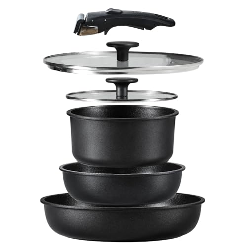 CAROTE カローテ フライパン 鍋 セット IH&ガス火対応 6点 PFOAなどの有害物質不使用 プロ仕様 5層構造 チタンコート 軽量 取っ手のとれる 洗練されデザイン コンパクト収納 1人暮らしセット 新生活セット 取っ手のとれる こびりつかずに お手入れ簡単 黒 ブラック CAROTE カローテ フライパン 鍋 セット 実物画像・外観写真