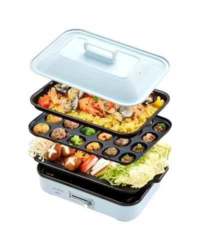 SOLEMOOD コンパクトホットプレート グリル鍋 着脱式プレート 温度調節機能付き 洗いやすい おしゃれ かわいい 1000W高出力 プレート選択可能 1~4人用 小型 ひとり暮らし にも (プレート3種(平面・たこ焼き・鍋)-ブルー) SOLEMOOD コンパクトホットプレート 選び方 実物画像・外観写真