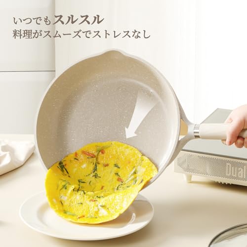 CAROTE カローテ フライパン 蓋付き 20cm ih対応 PFOA PFOS フリー マーブルコート ツルツルすべる くっつきにくい 洗いやすい 目玉焼き オムレツ オール熱源対応 一年保証 グレージュ Cosyシリーズ 中間 画像