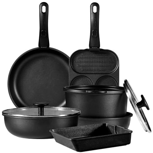 CAROTE カローテ フライパン セット 11点 IH&ガス火対応 チタンコート PFOAなどの有害物質不使用 一年保証 洗練されデザイン 鍋セット 軽量 コンパクト収納 取っ手のとれる こびりつかずに お手入れ簡単 新生活応援 黒 ブラック CAROTE カローテ フライパン セット 11点 実物画像・外観写真