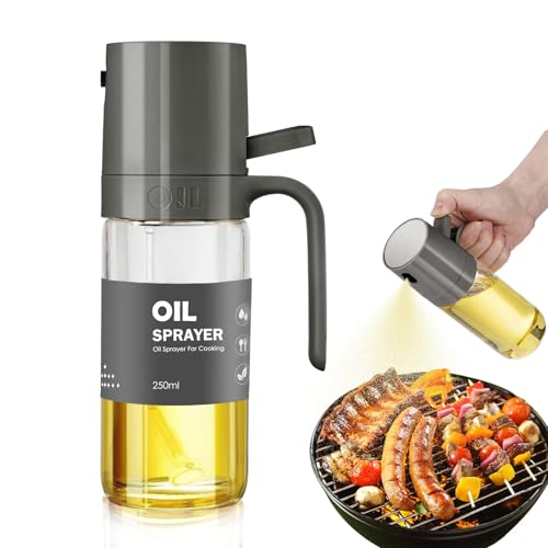 AUTAKI オイルスプレー オリーブオイル 250ml 【日本JFSL370認証】耐熱ガラス オイルボトル 霧吹き スプレー オイル噴射管付属フィルター 片手でも使用可能 液だれしない 垂れない 小さい 料理用 オイルポット 食用油 キッチン用具 調味料入れ 食用油 グレープシード 料理用しょうゆ 各種調味料 (グレー) AUTAKI オイルスプレー 耐熱ガラス 使い方 実物画像・外観写真