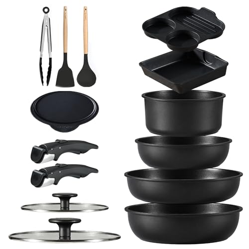 CAROTE カローテ フライパン 鍋 セット IH&ガス火対応 14点 PFOAなどの有害物質不使用 プロ仕様 5層構造 チタンコート 軽量 取っ手のとれる 洗練されデザイン コンパクト収納 玉子焼き器 卵焼きフライパン 取っ手のとれる こびりつかずに 調理器具セット お手入れ簡単 黒 ブラック CAROTE カローテ フライパン鍋セット 選び方 実物画像・外観写真