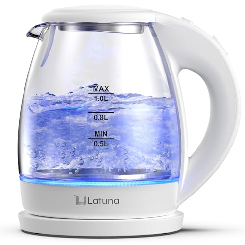 電気ケトル ガラス ケトル 湯沸かしケトル LEDライト付 電気 ポット 【コップ1杯95秒】 1.0L [Latuna ラチュナ] コーヒー 湯沸かしポット 小型 おしゃれ 紅茶 お茶 空焚き防止 PSE認証済み （ホワイト） 電気ケトル ガラス 選び方 実物画像・外観写真