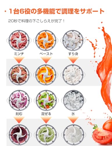 フードプロセッサー【1.2L大容量 & 2種類ボウル】みじん切り器 500Wハイパワー ステンレス4枚刃 氷も砕ける ブレンダー 離乳食 電動 挽肉 みじん切り フードミキサー 家庭用 水洗い可能 フードチョッパー 2段階スピード チョッパー 肉挽き/野菜切り/離乳食作り 1台多役 省スペース 調理家電 コンパクト 過熱過保護 負荷保護 軽量 お手入れ簡単 中間 画像
