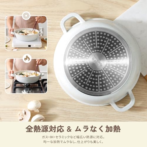 SENSARTE 両手鍋 28cm マーブルコート 卓上鍋 すき焼き鍋 IH対応 ガス対応 一品万能 焦げ付きにくい お手入れ簡単 ガラス蓋付 煮る 焼く 炒める 揚げる しゃぶしゃぶ カレー おでん 中間 画像