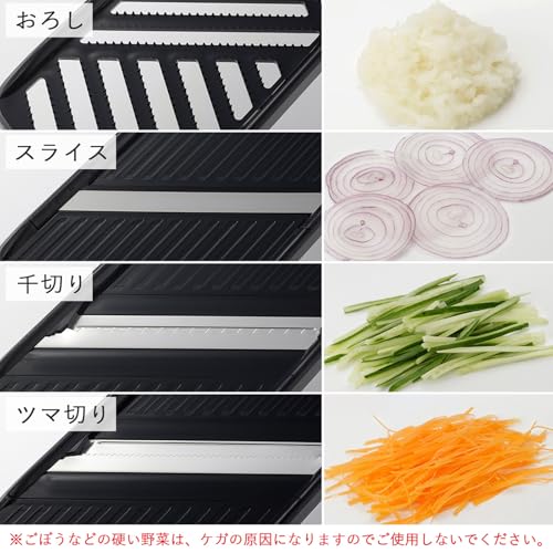 下村企販 [スゴ切れ] 4種の下ごしらえができる スライサーセット 【日本製】 時短調理 コンパクト収納 スライス/千切り/ツマ切り/おろし 安全ホルダー付き 専用ケース 野菜調理器 下ごしらえ ブラック 燕三条 43881 最後 画像