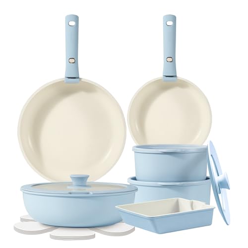 CAROTE カローテ フライパン セット 16点 IH対応 ガス火対応 PFOAなどの有害物質不使用 5層構造 軽量 取っ手のとれる マーブルコート くっつきにくい 鍋セット 洗いやすい オーブン対応 一年保証 「アイスクリーム」シリーズ ブルー 水色 CAROTE カローテ フライパン セット 16点 特徴 実物画像・外観写真