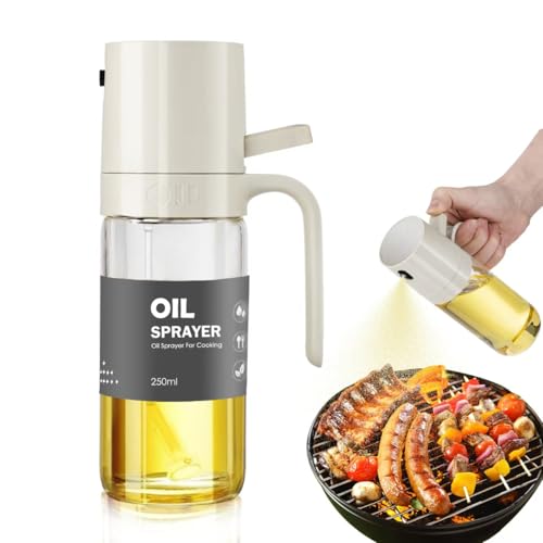 AUTAKI オイルスプレー オリーブオイル 250ml 【日本JFSL370認証】耐熱ガラス オイルボトル 霧吹き スプレー オイル噴射管付属フィルター 片手でも使用可能 液だれしない 垂れない 小さい 料理用 オイルポット 食用油 キッチン用具 調味料入れ 食用油 グレープシード 料理用しょうゆ 各種調味料 (クリーム) オイルスプレー 選び方 実物画像・外観写真