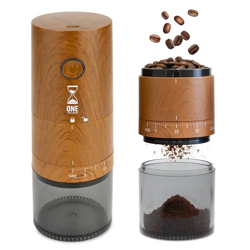 ONE SECOND 【お手軽カフェ気分】 電動コーヒーミル 39段階 臼式 自動停止 コードレス 水洗い可能 木目調 LINCS リンクス 電動コーヒーミル 選び方 実物画像・外観写真