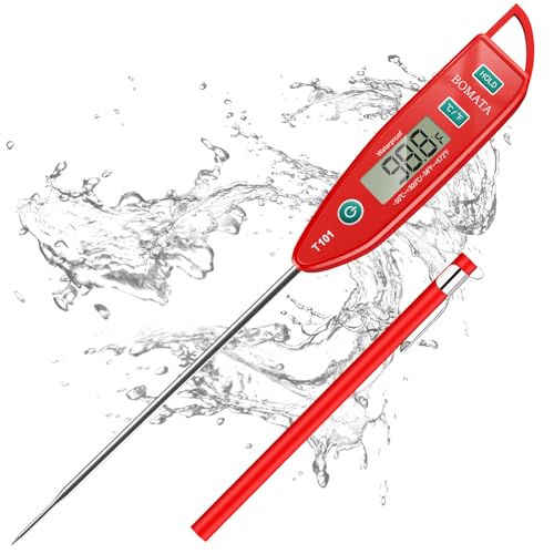 BOMATA Waterproof IPX7 Thermometer for Water, Liquid, Candle and Cooking. Instant Read Food Thermometer with Long Probe for Cooking, Meat, BBQ! T101 (Red Color) 防水料理用温度計 おすすめ 実物画像・外観写真