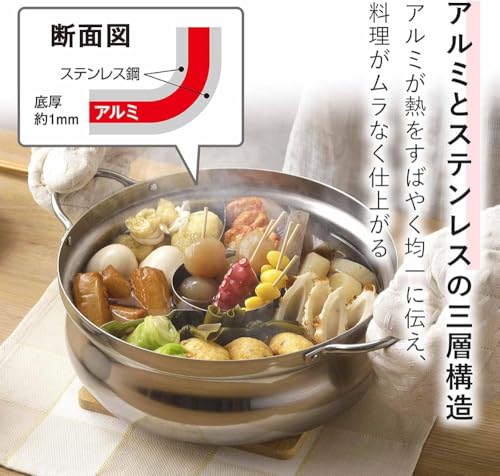 下村企販 卓上鍋 26cm 三層鋼 【日本製】 IH・ガス火対応 食洗機対応 3~4人用 割れにくい 軽量 熱伝導率がいい アルミ芯 ステンレス フタ付き 土鍋 燕三条 45891 最後 画像