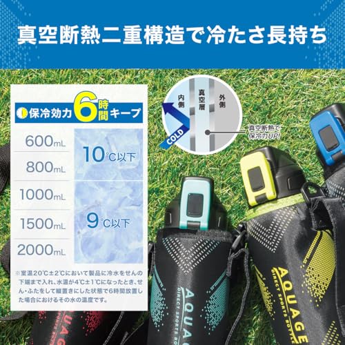 アトラス 水筒 800ml 子供 小学生 直飲み カバー付き 紐付き 直飲み 子ども 保冷専用 ステンレス 真空断熱 軽量 スポーツ飲料OK ワンタッチ 洗いやすい AQUAGE アクアージュ ADBT-802S 中間 画像