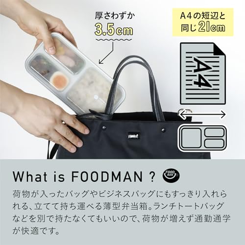 フードマン 弁当箱 立てて運べる 薄型弁当箱 400ml [ 抗菌 ] ライトグレー 汁漏れしにくい Wシーリング 4点ロックでしっかり固定 シービージャパン DSK 中間 画像