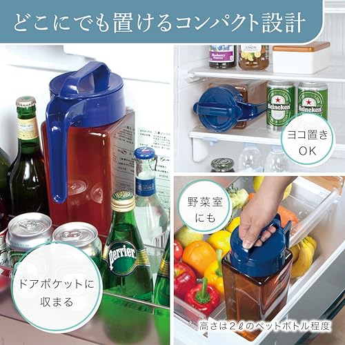 岩崎工業 ラストロウェア スクエア ピッチャー 冷水筒 耐熱 縦横置き 2.1L 日本製 麦茶ポット 冷茶 ボトル 冷水 お茶ポット 水出し 水出しコーヒー ウォーター ジャグ 横置き 広口 マリンブルー K-1298 MB 中間 画像