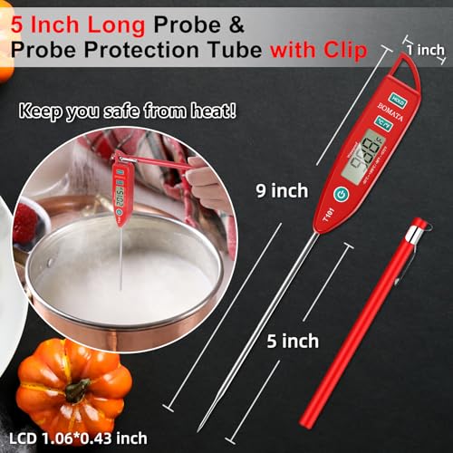 BOMATA Waterproof IPX7 Thermometer for Water, Liquid, Candle and Cooking. Instant Read Food Thermometer with Long Probe for Cooking, Meat, BBQ! T101 (Red Color) 中間 画像