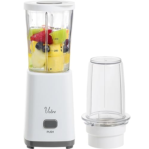 [山善] ミキサー 400ml ミル(75ml)付き ジューサー 食洗機対応 スムージー 電動 ワンタッチ操作 小型 チタンカッター Votre 粉末 スパイス作り ホワイト YMH-400(W)の外観・全体像 画像